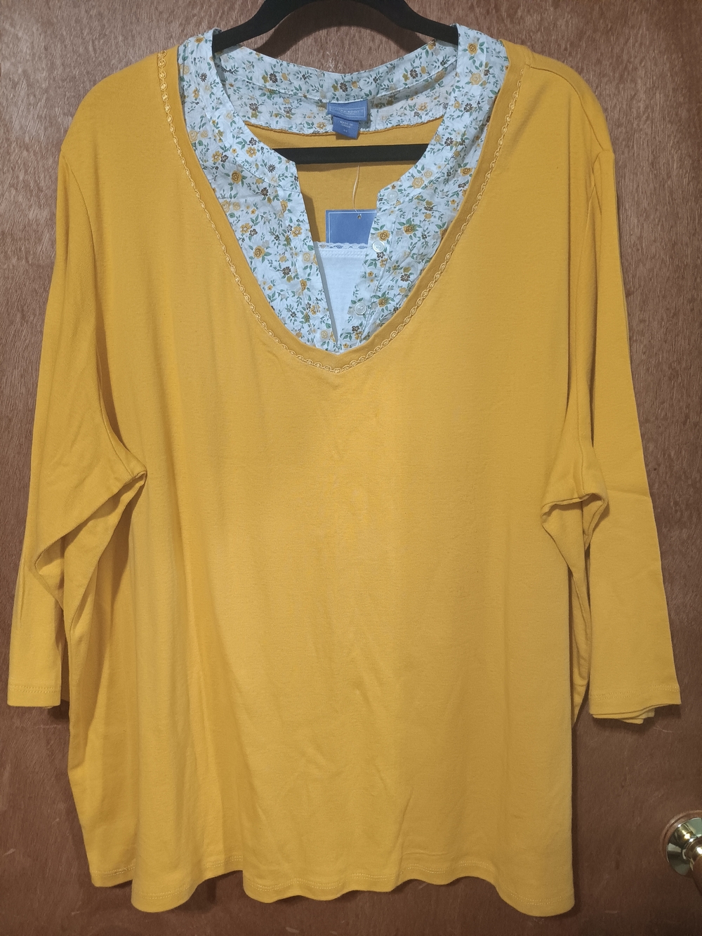 Laura Scott Mustard Yellow Long Sleeve V-Neck Top with Floral Trim